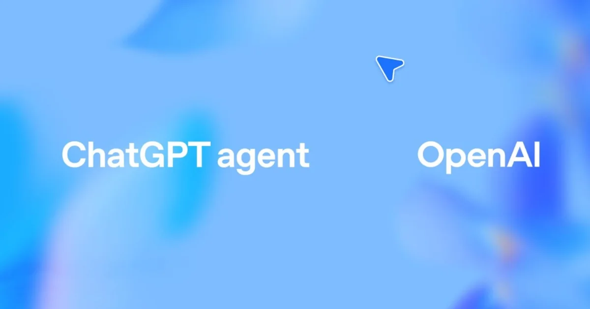 Blue OpenAI graphic with the words ChatGPT agent and OpenAI separated by a cursor icon