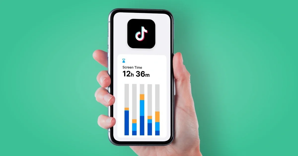 Hand holding a smartphone showing the TikTok logo and a 12-hour, 36-minute screen-time chart against a turquoise background