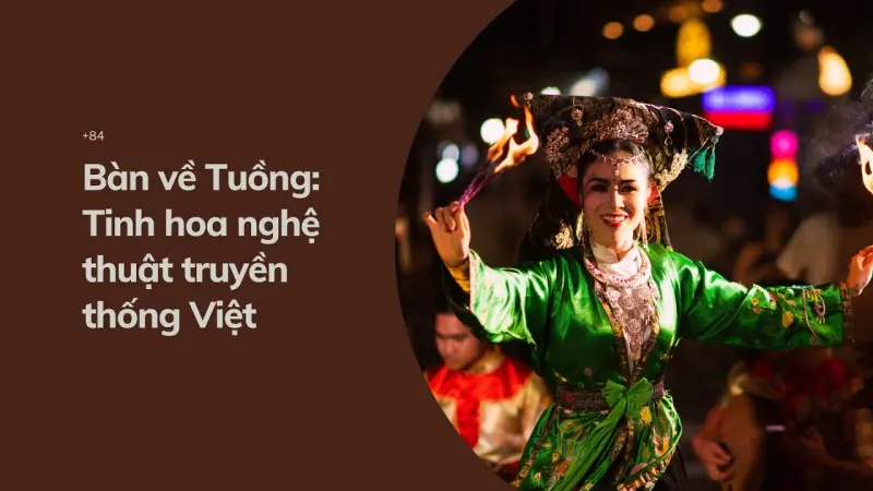 Title card for the Tuồng video essay: a performer in a green embroidered costume and headdress turns toward the camera at night